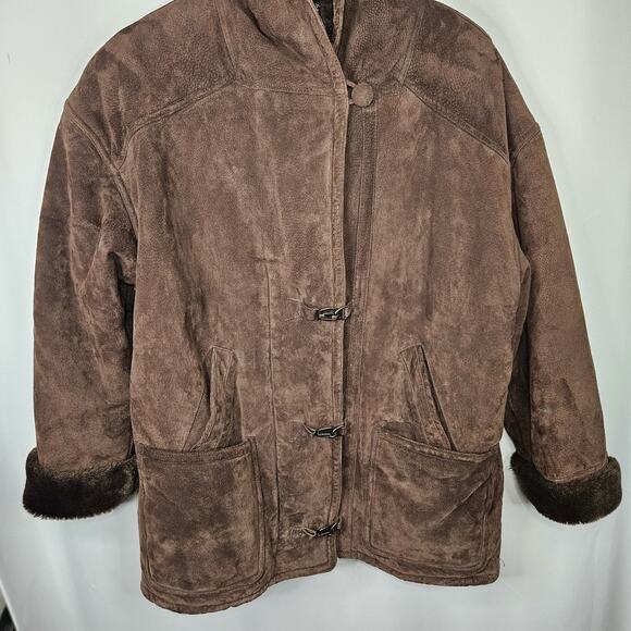 Vintage Synergy Oversized Leather Faux Shearling Coat Large Chocolate Brown - Picture 3 of 13